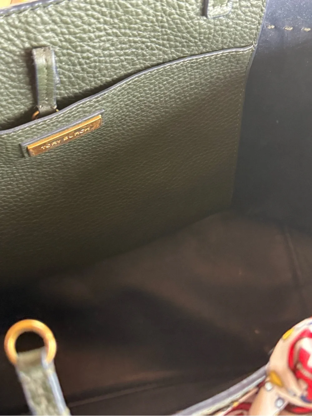 Tory Burch Dark Green Pebbled Leather Tote with Tassel and Scarf